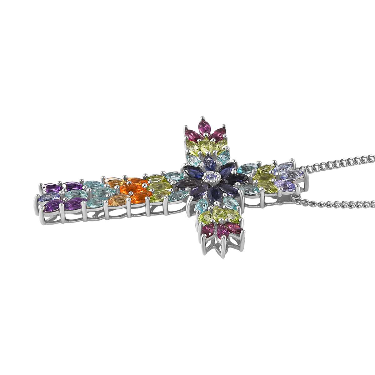 Mehrfarbiger Edelstein-Kreuz-Anhänger mit Kette ca 45 cm, 925 Silber rhodiniert ca. 8.75 ct