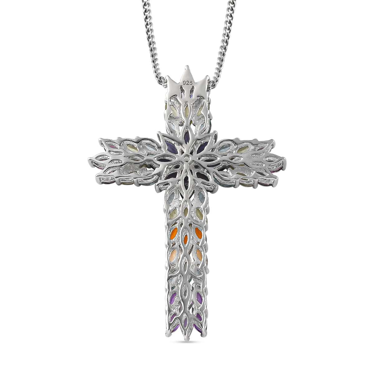 Mehrfarbiger Edelstein-Kreuz-Anhänger mit Kette ca 45 cm, 925 Silber rhodiniert ca. 8.75 ct