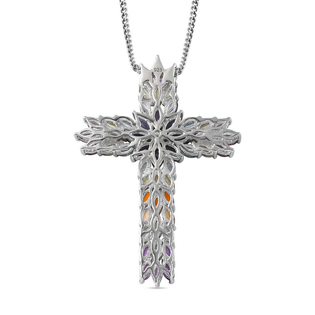 Mehrfarbiger Edelstein-Kreuz-Anhänger mit Kette ca 45 cm, 925 Silber rhodiniert ca. 8.75 ct