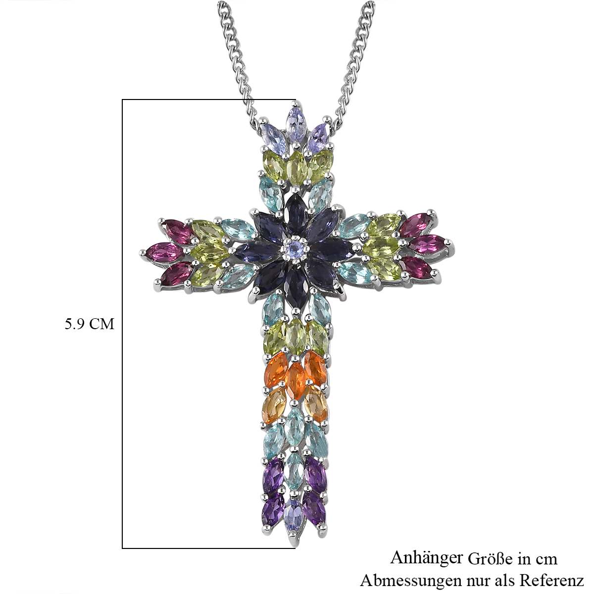 Mehrfarbiger Edelstein-Kreuz-Anhänger mit Kette ca 45 cm, 925 Silber rhodiniert ca. 8.75 ct