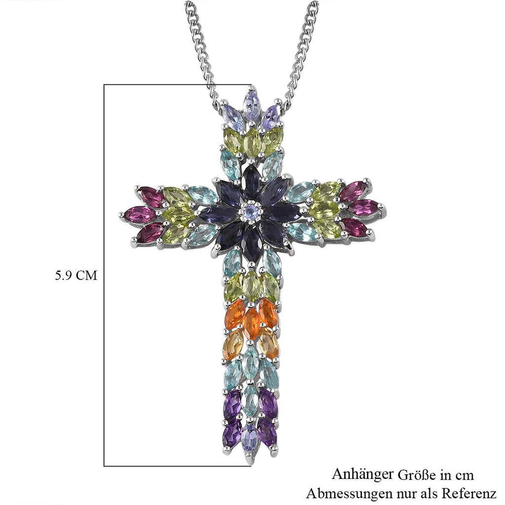 Mehrfarbiger Edelstein-Kreuz-Anhänger mit Kette ca 45 cm, 925 Silber rhodiniert ca. 8.75 ct