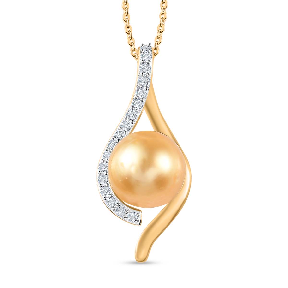 Goldene Südsee Perle (8-10 mm), Moissanit Schmuckset 925 Silber Gelbgold Vermeil