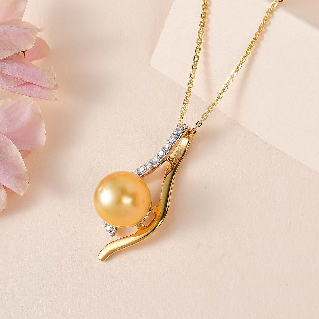 Goldene Südsee Perle (8-10 mm), Moissanit Schmuckset 925 Silber Gelbgold Vermeil