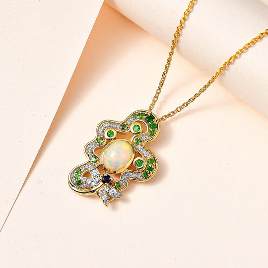 AA Natürlicher, äthiopischer Welo Opal, Kanchanaburi Blauer Saphir Schmuckset 925 Silber Gelbgold Vermeil ca. 2,82 ct.
