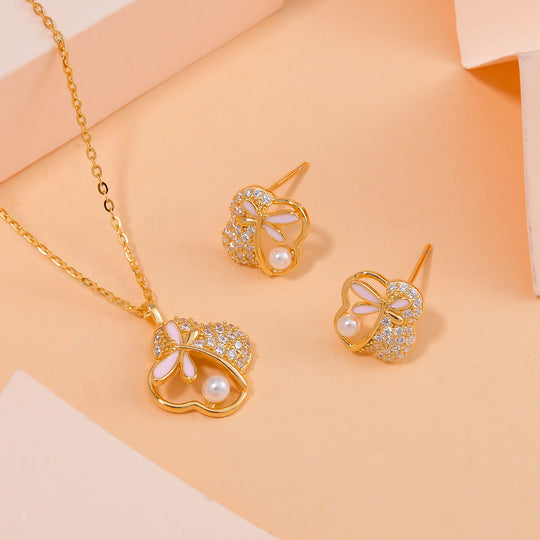 2er Set - Weiße Muschelkernperle Schmetterlings- und Blumen-Anhänger und Ohrringe, 925 Silber Bicolor