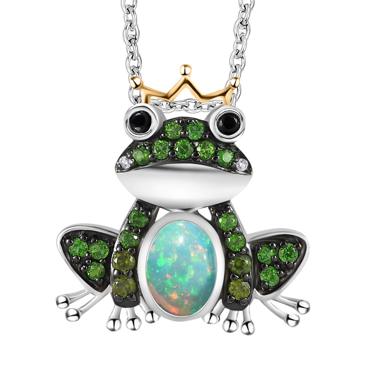 GP Trionfo Lady Kiss Kollektion, Muttertagsspezial - AA Natürlicher, äthiopischer Welo Opal, Schwarzer Spinell Anhänger mit Kette, 925 Silber platiniert, 925 Silber, bicolor, ca. 1.25 ct