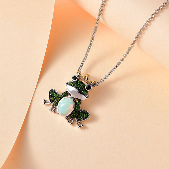 GP Trionfo Lady Kiss Kollektion, Muttertagsspezial - AA Natürlicher, äthiopischer Welo Opal, Schwarzer Spinell Anhänger mit Kette, 925 Silber platiniert, 925 Silber, bicolor, ca. 1.25 ct