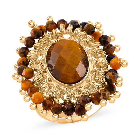 2er Set - Gelbes Tigerauge Anhänger mit Kette und Ring, goldfarben, (Größe 17-18 verstellbar) ca. 15.00 ct
