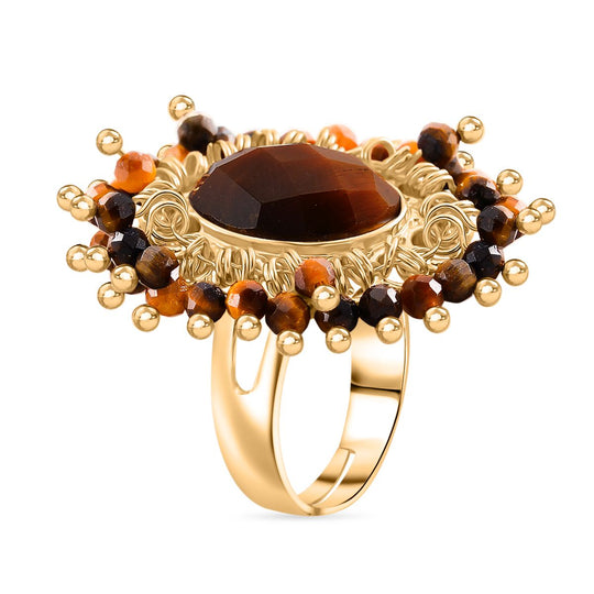 2er Set - Gelbes Tigerauge Anhänger mit Kette und Ring, goldfarben, (Größe 17-18 verstellbar) ca. 15.00 ct