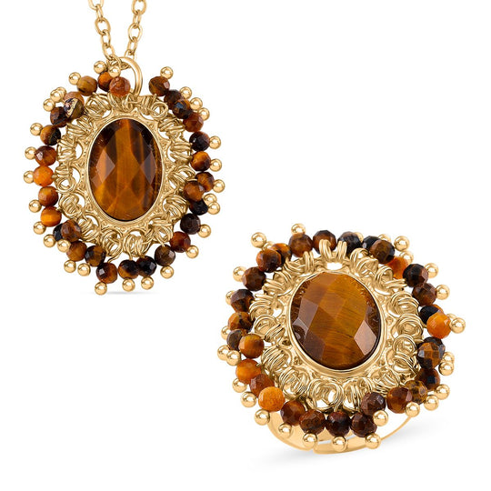 2er Set - Gelbes Tigerauge Anhänger mit Kette und Ring, goldfarben, (Größe 17-18 verstellbar) ca. 15.00 ct