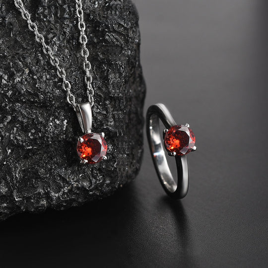 2er Set - Roter Zirkonia Anhänger mit Kette und Ring (Größe 19.00), Edelstahl