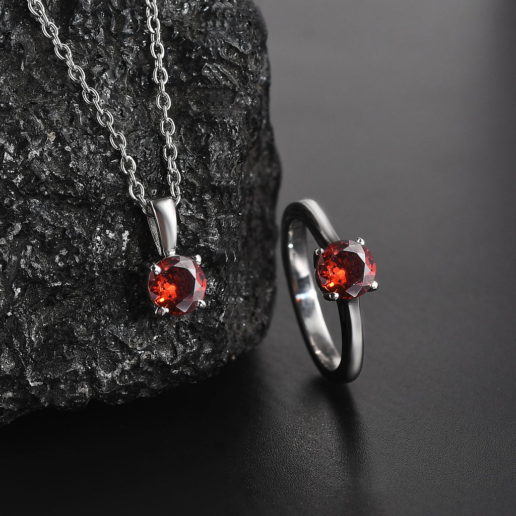 2er Set - Roter Zirkonia Anhänger mit Kette und Ring (Größe 17.00), Edelstahl