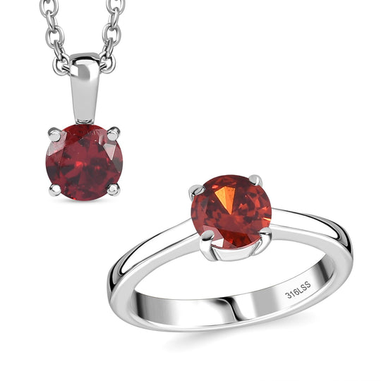 2er Set - Roter Zirkonia Anhänger mit Kette und Ring (Größe 19.00), Edelstahl