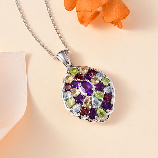 Mehrfarbig Edelstein Anhänger mit Kette ca. 45 cm, 925 Silber rhodiniert, ca. 5.50 ct