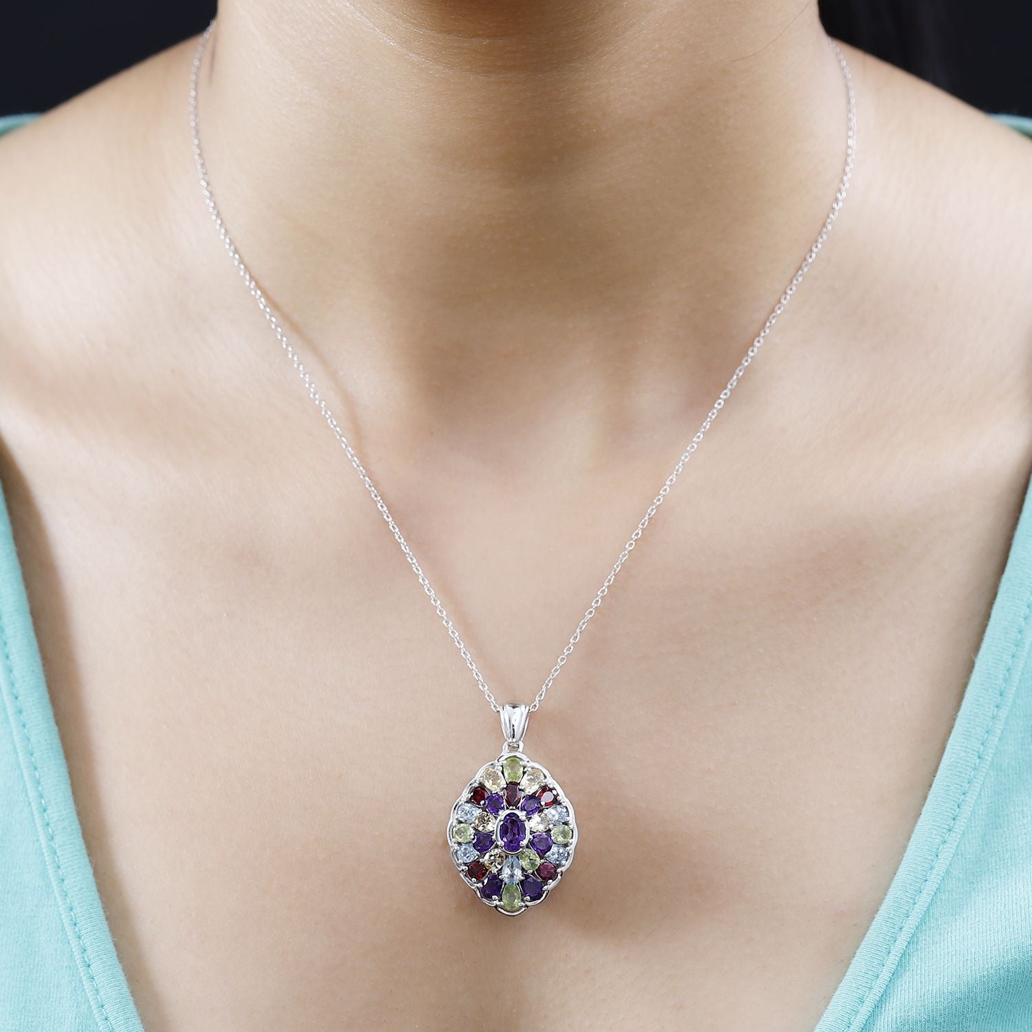 Mehrfarbig Edelstein Anhänger mit Kette ca. 45 cm, 925 Silber rhodiniert, ca. 5.50 ct
