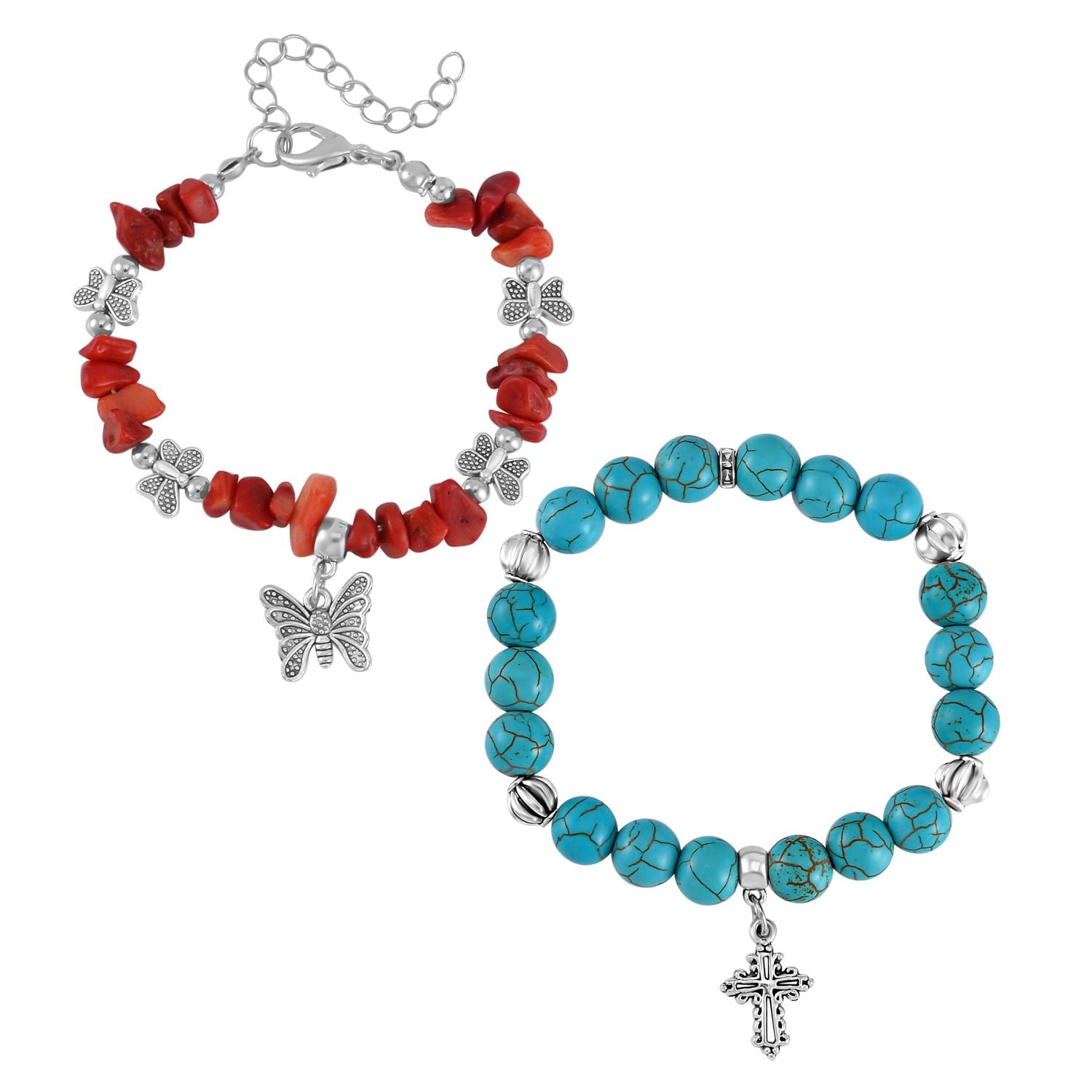 Blauer Howlit, Rote Koralle Schmuckset  Legierung Schwarz oxidiert ca. 161.00 ct