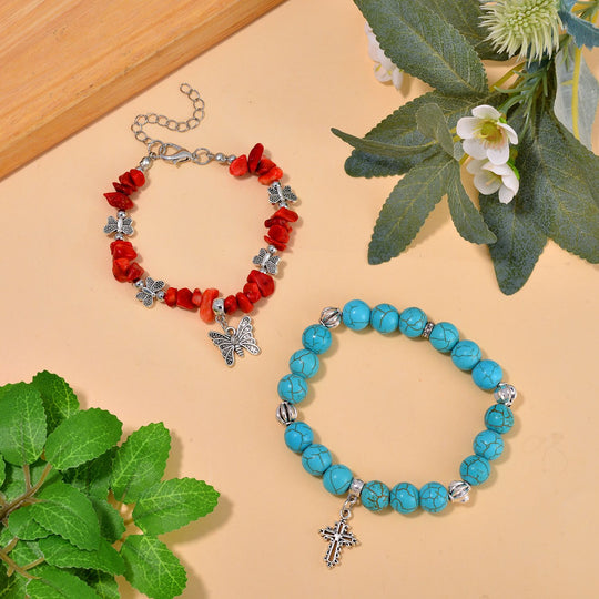 Blauer Howlit, Rote Koralle Schmuckset  Legierung Schwarz oxidiert ca. 161.00 ct