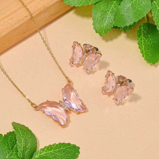 2er Set - Rosaner Kristall Anhänger mit Kette, Messing