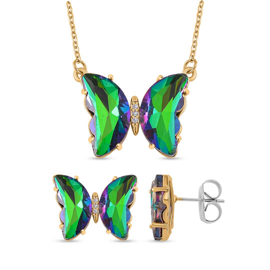 2er Set - Rosaner Kristall Anhänger mit Kette, Messing