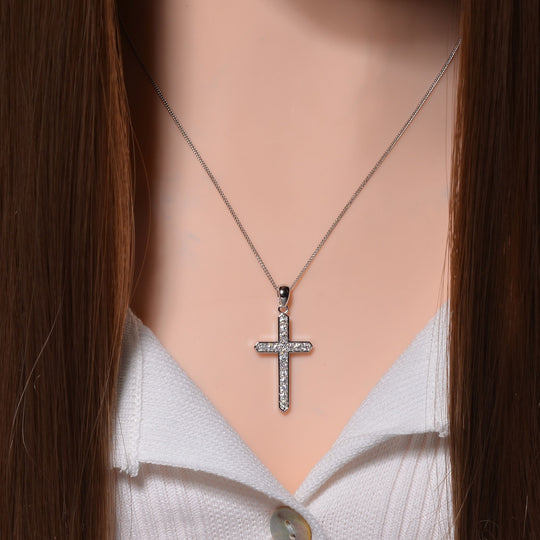Moissanit Kreuz Anhänger mit Kette, 925 Silber platiniert, 925 Silber rhodiniert ca. 0.45 ct