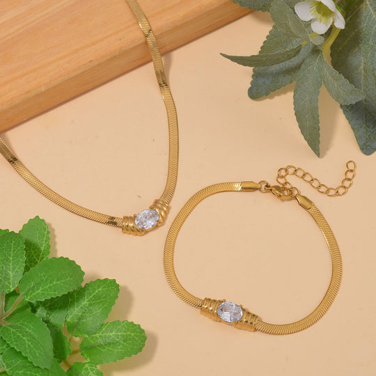 2-teiliges Schmuckset, Halskette und Armband mit Weißer Kristallen, Edelstahl goldfarben