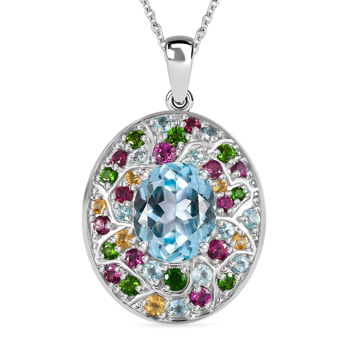 Himmelblauer Topas, Mehrfarbiger Edelstein Anhänger mit Kette ca. 50 cm, 925 Silber rhodiniert ca. 6.34 ct