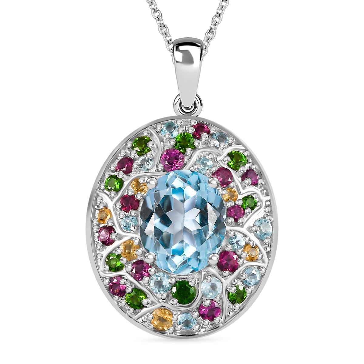 Himmelblauer Topas, Mehrfarbiger Edelstein Anhänger mit Kette ca. 50 cm, 925 Silber rhodiniert ca. 6.34 ct