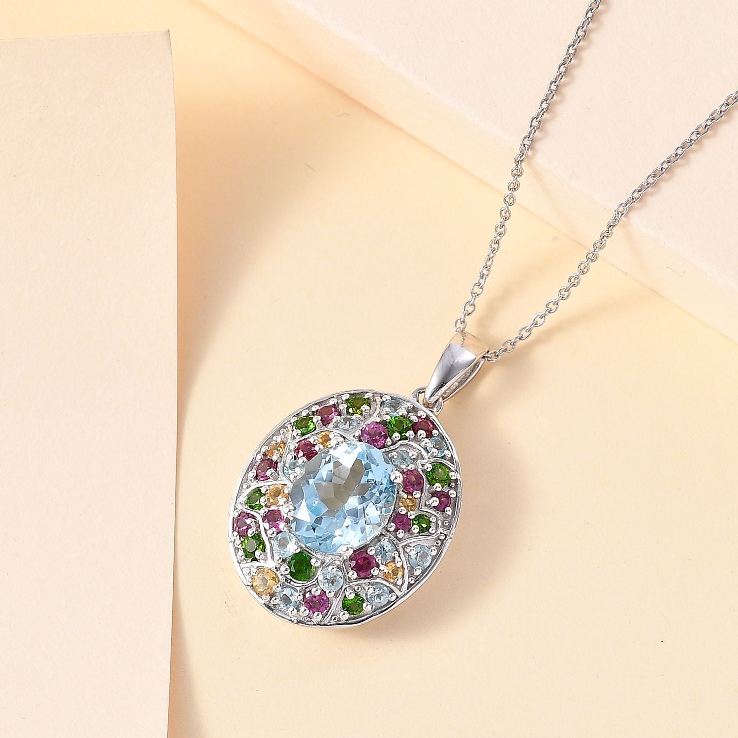 Himmelblauer Topas, Mehrfarbiger Edelstein Anhänger mit Kette ca. 50 cm, 925 Silber rhodiniert ca. 6.34 ct