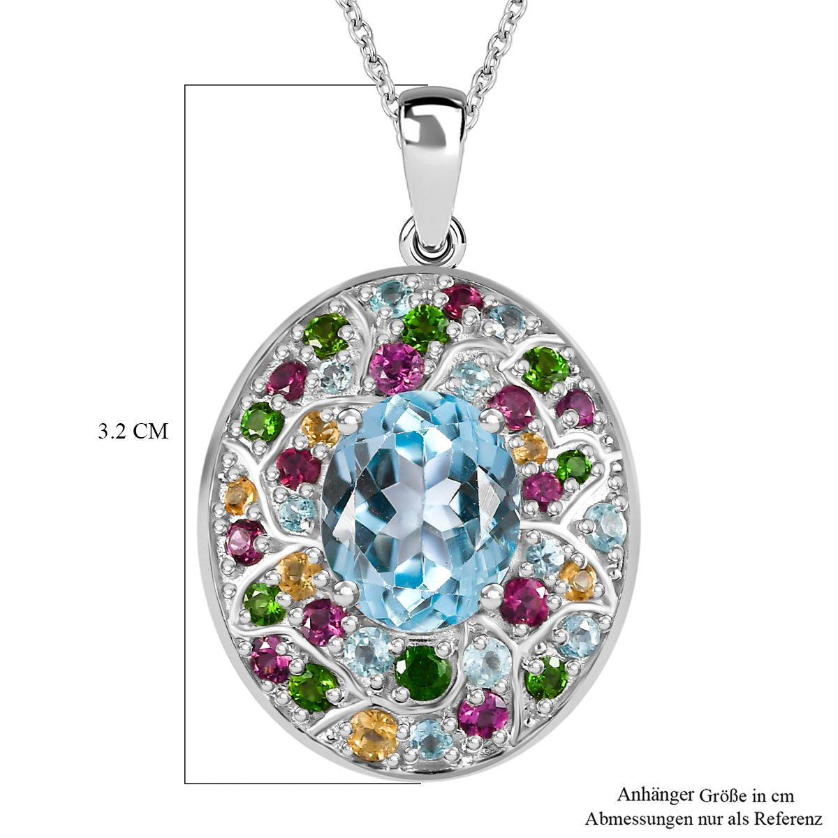 Himmelblauer Topas, Mehrfarbiger Edelstein Anhänger mit Kette ca. 50 cm, 925 Silber rhodiniert ca. 6.34 ct
