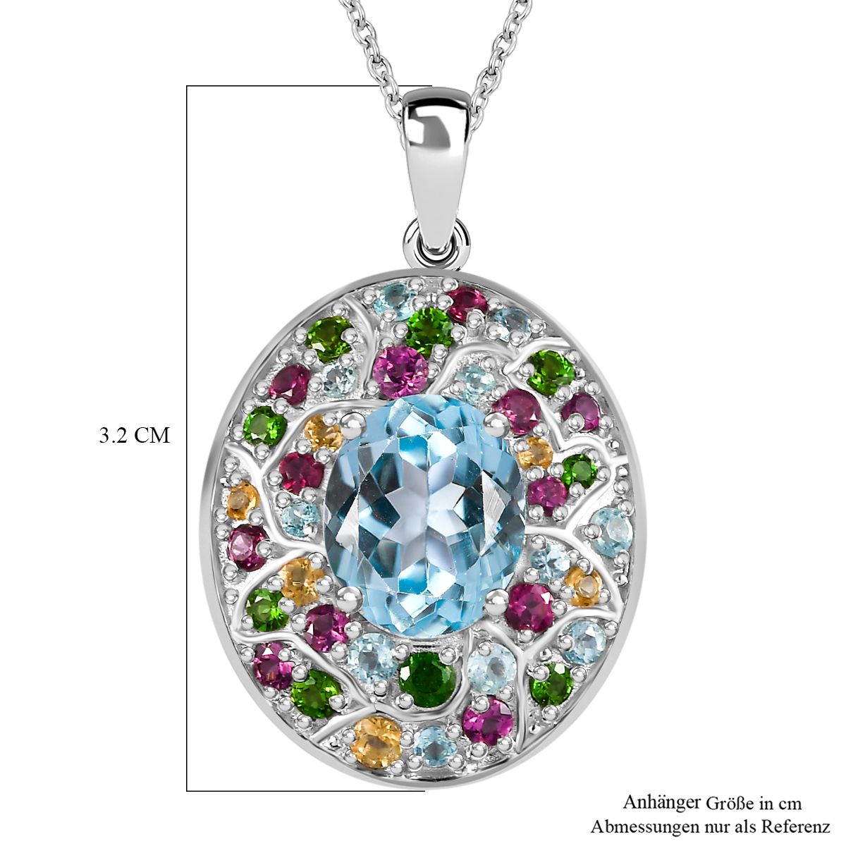 Himmelblauer Topas, Mehrfarbiger Edelstein Anhänger mit Kette ca. 50 cm, 925 Silber rhodiniert ca. 6.34 ct