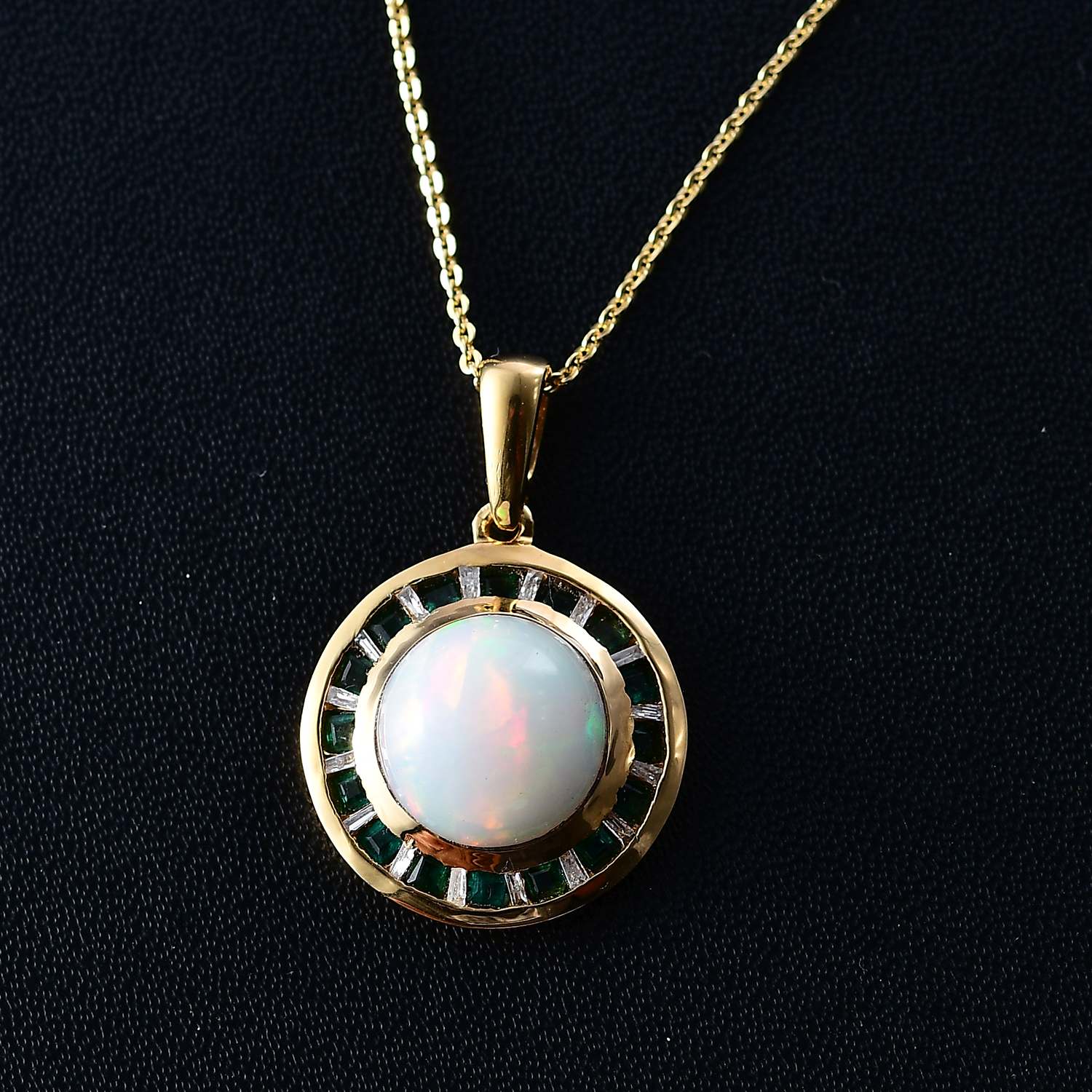 AA Natürlicher, äthiopischer Welo Opal, Smaragd Anhänger mit Kette, 925 Silber 750 Gelbgold Vermeil ca. 3.40 ct