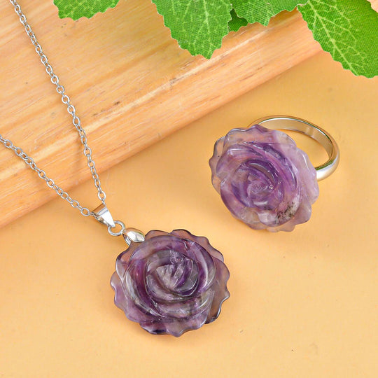 2er Set - Handgeschnitzter Afrikanischer Amethyst Anhänger mit Kette und Ring (Größe 16.00), silberfarben, ca. 30.00 ct