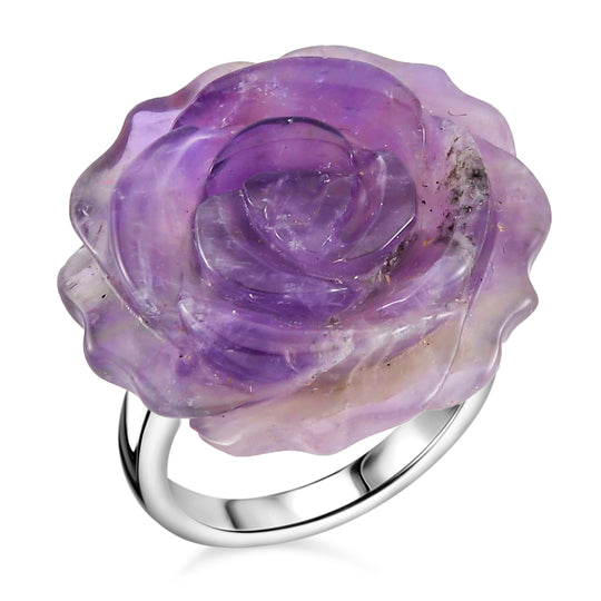 2er Set - Handgeschnitzter Afrikanischer Amethyst Anhänger mit Kette und Ring (Größe 16.00), silberfarben, ca. 30.00 ct