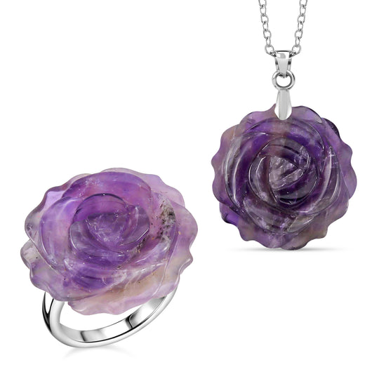 2er Set - Handgeschnitzter Afrikanischer Amethyst Anhänger mit Kette und Ring (Größe 16.00), silberfarben, ca. 30.00 ct