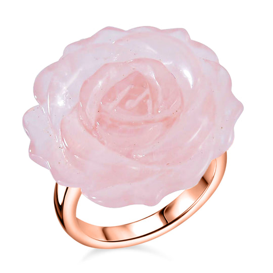 2er Set - Handgeschnitzter Rosenquarz Anhänger mit Kette und Ring (Größe 17.00), roséfarben, ca. 30.00 ct