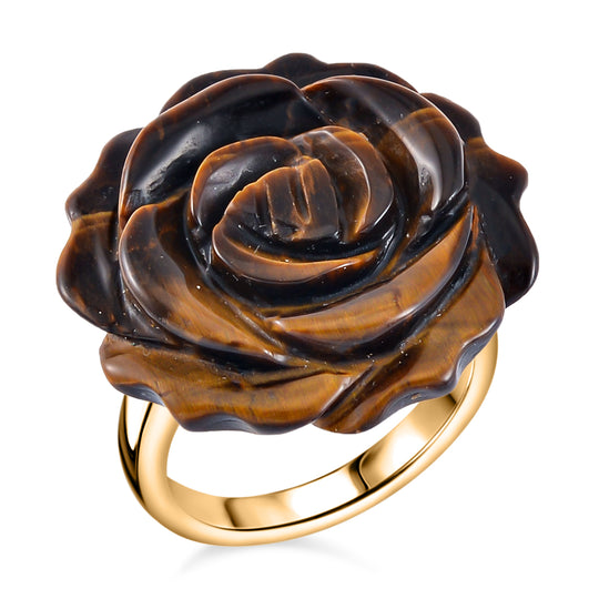 2er Set - Handgeschnitzter Gelbes Tigerauge Anhänger mit Kette und Ring (Größe 16.00), goldfarben, ca. 30.00 ct