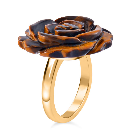 2er Set - Handgeschnitzter Gelbes Tigerauge Anhänger mit Kette und Ring (Größe 16.00), goldfarben, ca. 30.00 ct