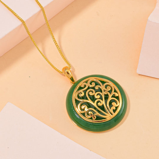 Grüne Jade Anhänger mit Kette 925 Silber Gelbgold Vermeil ca. 26.80 ct