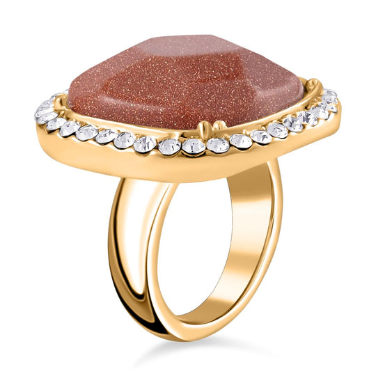 3er Set - Gold Sandstein, Weißer Kristall Anhänger mit Kette, Ring und Ohrringe, (Größe 16.00), goldfarben