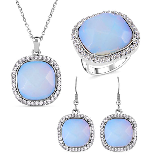 3er Set - Opalite, Weißer Kristall Anhänger mit Kette, Ring und Ohrringe, (Größe 16.00), silberfarben
