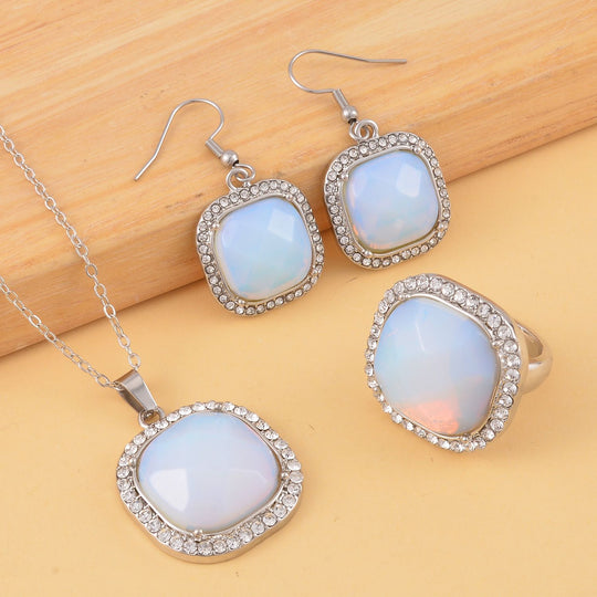 3er Set - Opalite, Weißer Kristall Anhänger mit Kette, Ring und Ohrringe, (Größe 16.00), silberfarben