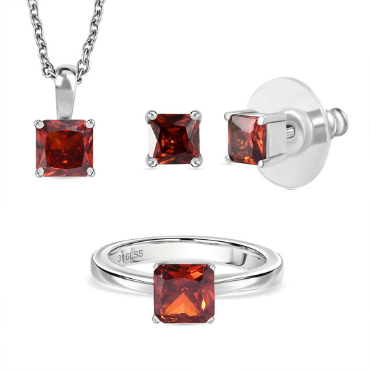 3er Set - Roter Zirkonia Anhänger mit Kette, Ring und Ohrringe  (Größe 17.00), Edelstahl