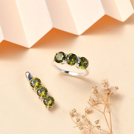 LUSTRO STELLA - 2er Set - Peridot Zirkonia Anhänger und Ring , 925 Silber