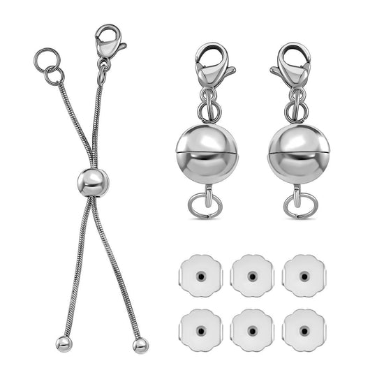 9 teiliges 316L Edelstahl Schmuckset rhodiniert, 1 Bolo Schieber, 2 Magnetverschluss Kugeln, 6 Ohrstopper, Silberfarben