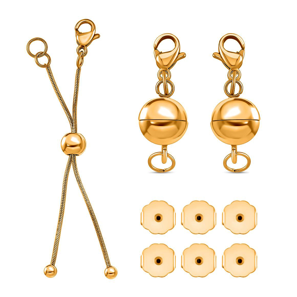 9 teiliges 316L Edelstahl Schmuckset, 1 Bolo Schieber, 2 Magnetverschluss Kugeln, 6 Ohrstopper, ca. 5,13 g, Goldfarben