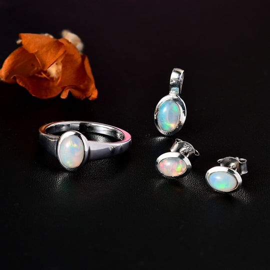 3er Set- AA Natürlicher, äthiopischer Welo Opal Anhänger, Ring und Ohrringe, 925 Silber rhodiniert ca. 1.61 ct