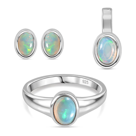 3er Set- AA Natürlicher, äthiopischer Welo Opal Anhänger, Ring und Ohrringe, 925 Silber rhodiniert ca. 1.61 ct