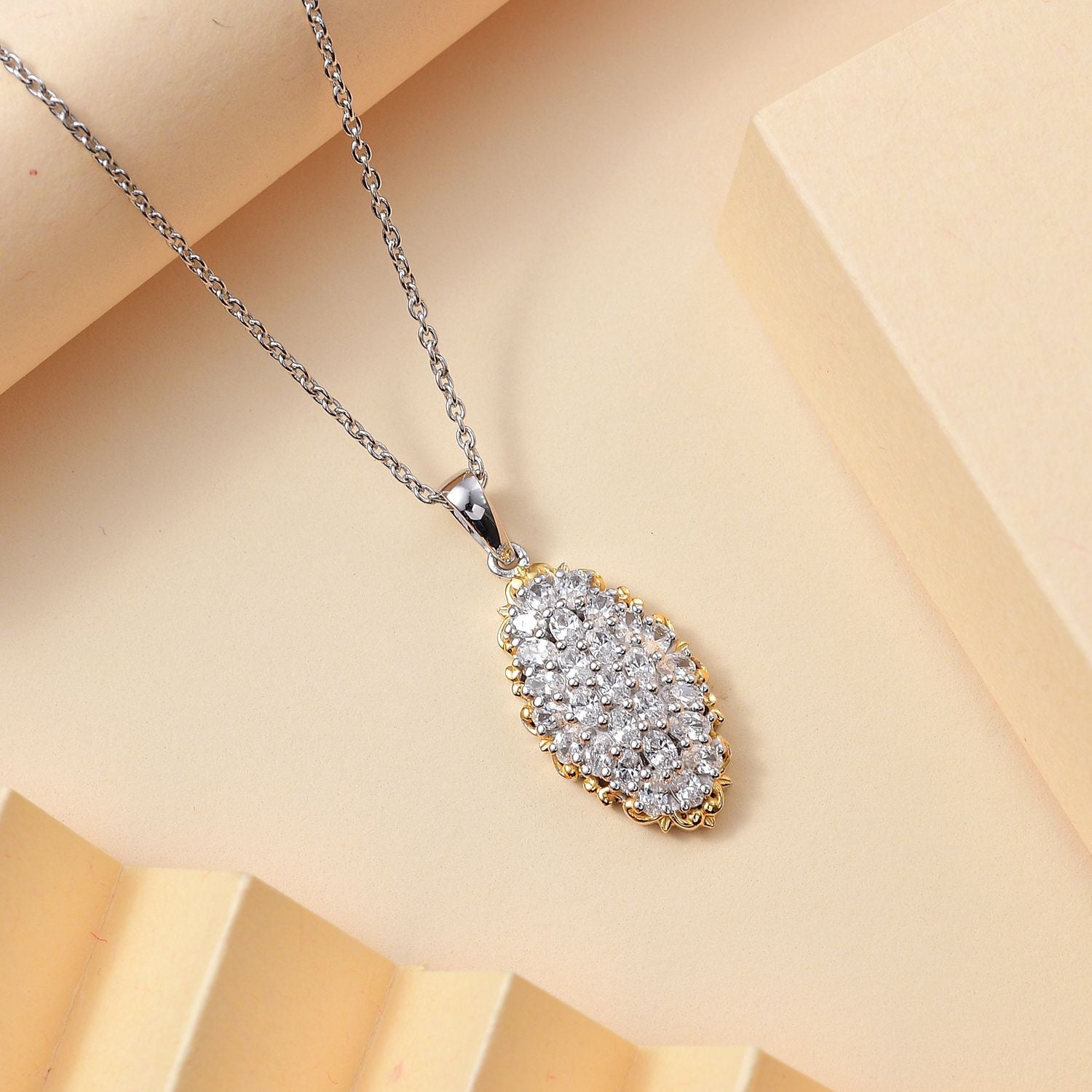 Zirkonia Anhänger mit Kette ca. 45 cm, 925 Silber rhodiniert und 750 Gelbgold Vermeil
