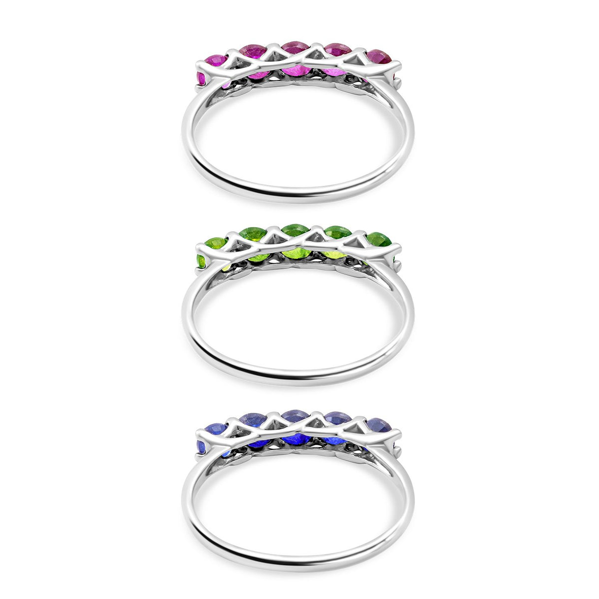 Rubin, Natürlicher Chromdiopsid und Masaola Saphir 3er-Ringset, 925 Silber platiniert ca. 3,75 ct