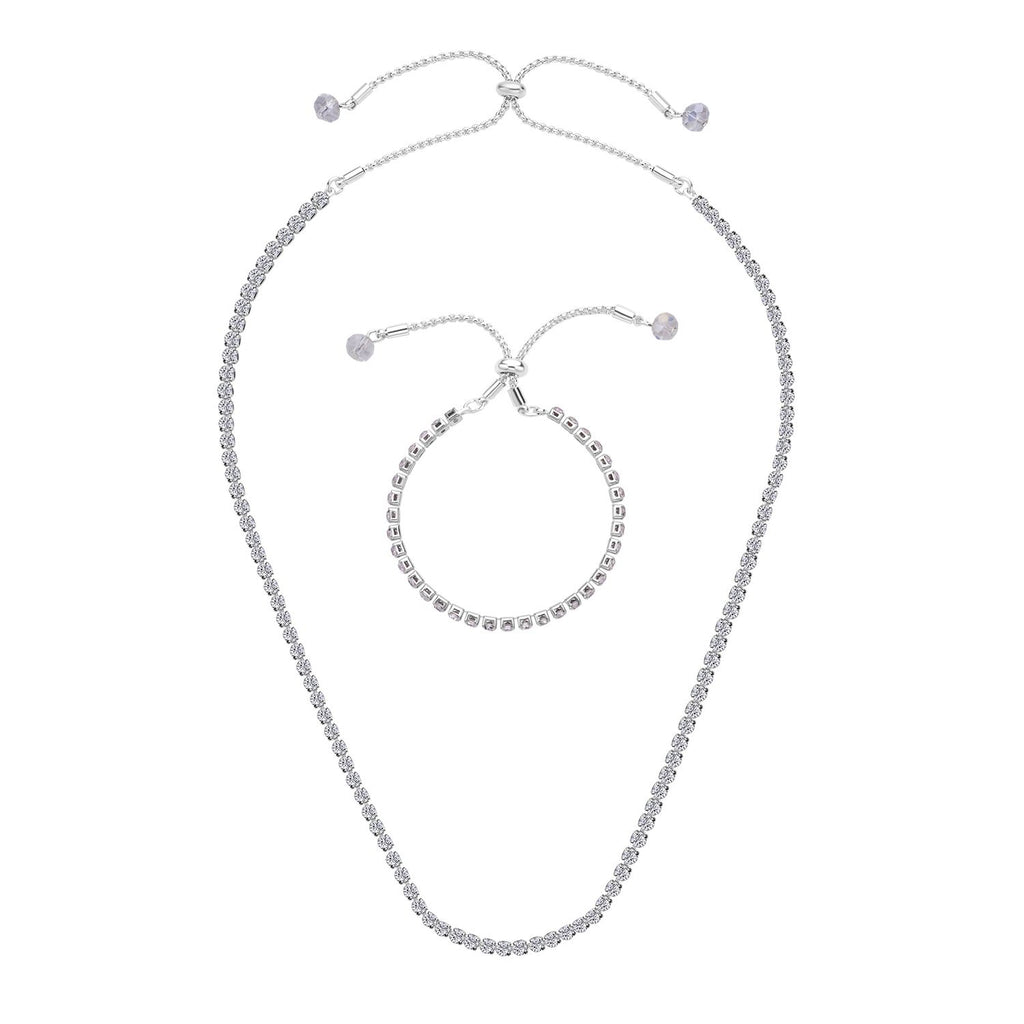 2er Set Weiße Kristall Halskette und Armband mit Bolo Verlängerung, silberfarben